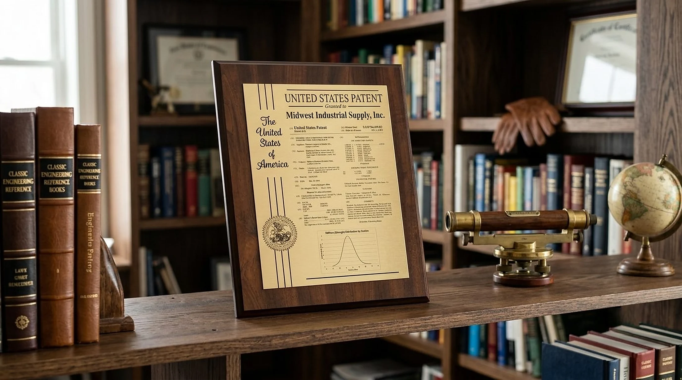 Title style patent plaque with sprayed gold finish