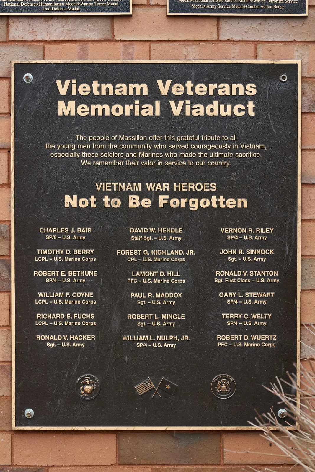 Cast bronze Vietnam Veterans Memorial Viaduct plaque listing the names of Massillon service members
