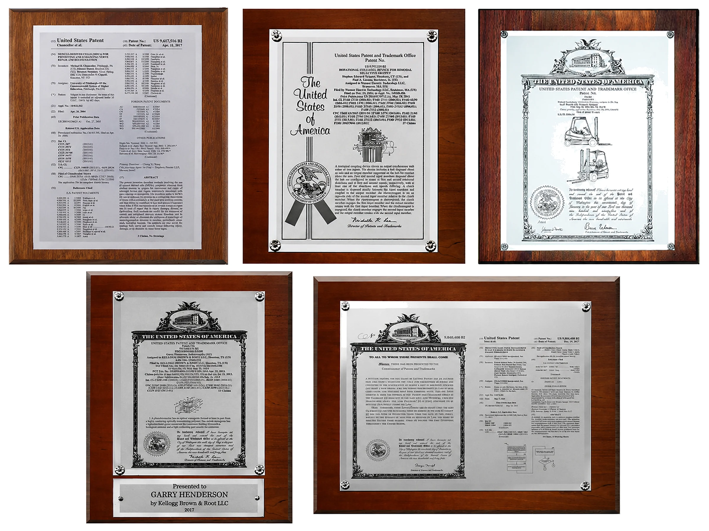 Group of five traditional wood-mounted patent plaques in popular styles and sizes