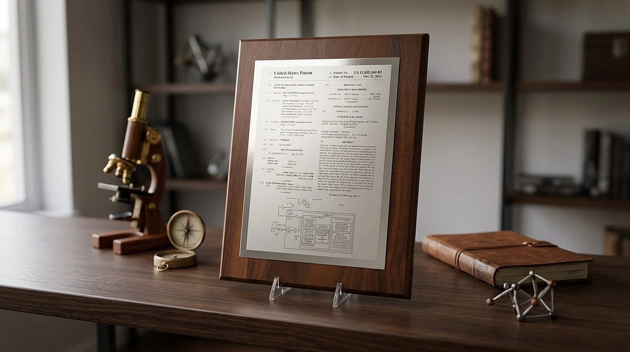 Summary style patent plaque on walnut wood base