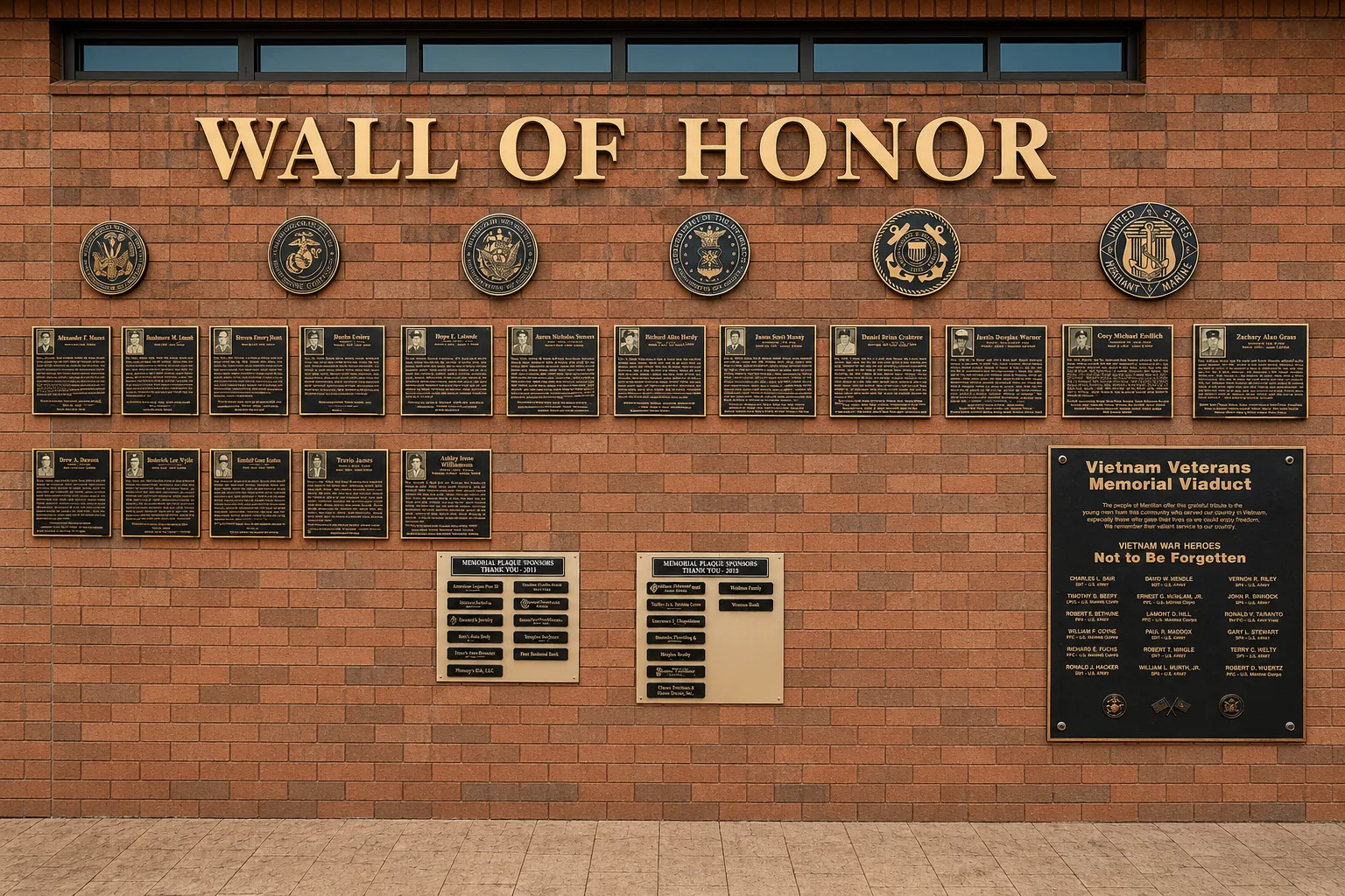 Wall of Honor veterans memorial installation featuring multiple cast plaques and military emblems