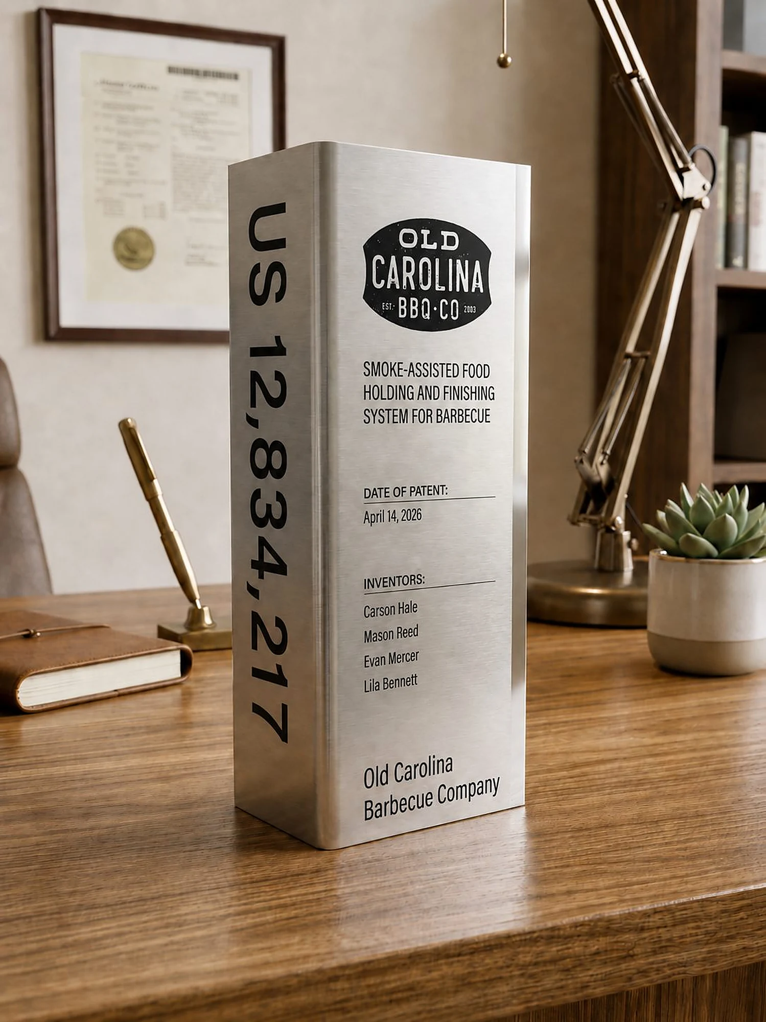 Freestanding stainless steel patent plaque with brushed metal finish standing upright on a desk
