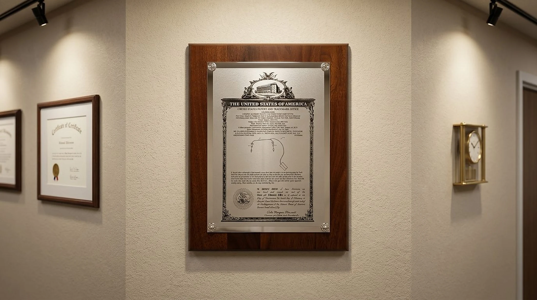 Standard style patent plaque with corner rosettes